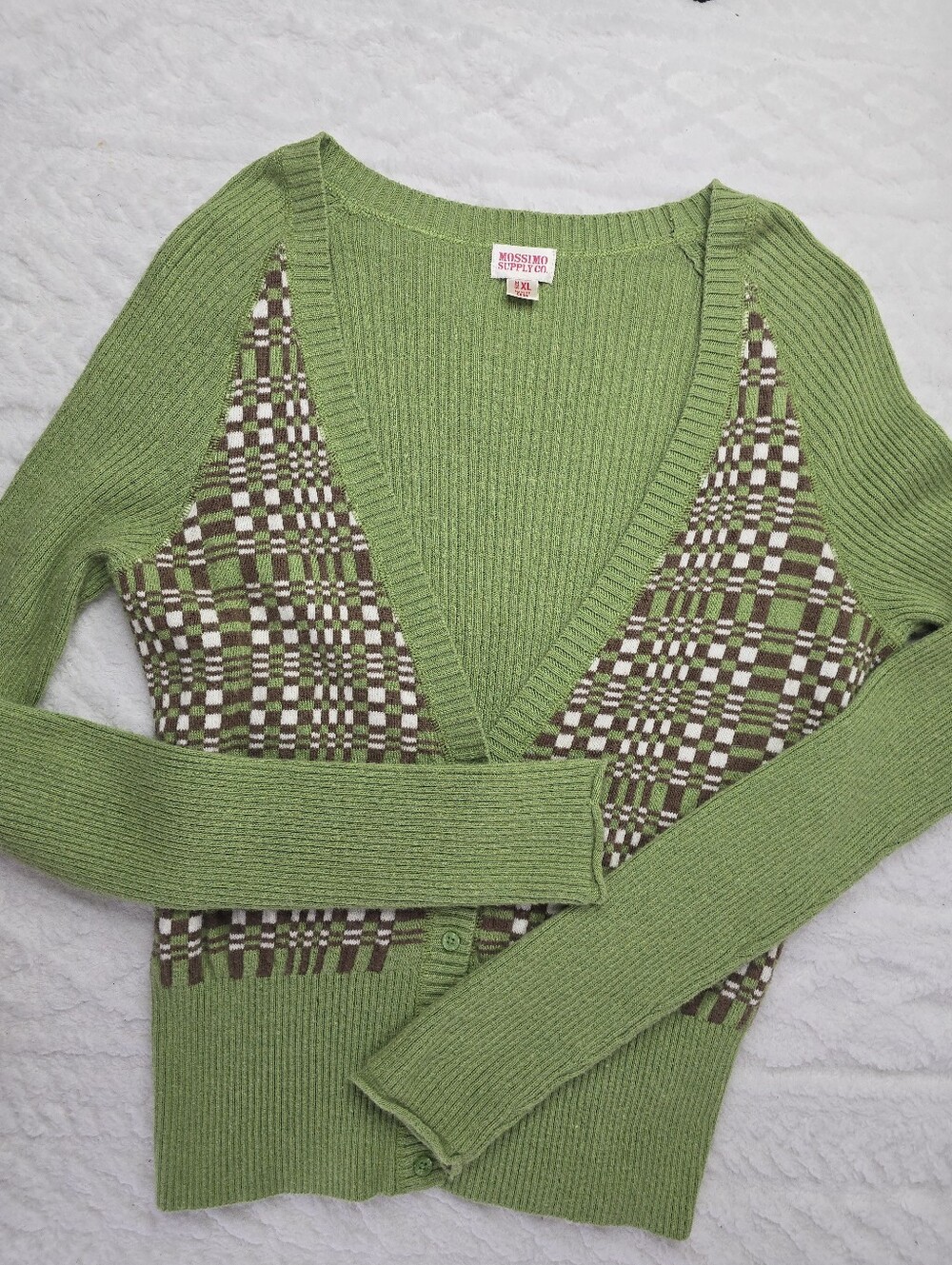 Mossimo V-neck Sweater Green Brown Ribbed Plaid Cardigan Retro Y2K Preppy XL